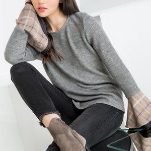 Grey Sweater with Tan Plaid Bell Sleeves